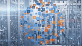 Animation of globe made of icons rotating over servers. global network, connections, data and technology concept digitally generated video. - Powered by Shutterstock - Get 15% off with code: PIKWIZARD15