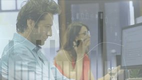 Animation of bar graph against caucasian colleagues working on computers at office desk. Digital composite, multiple exposure, business, data, technology, development, finance, analysis. - Powered by Shutterstock - Get 15% off with code: PIKWIZARD15