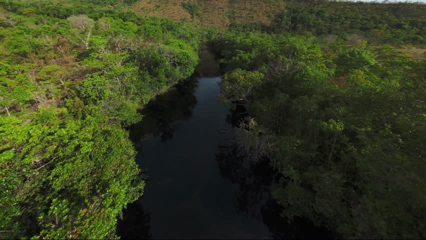A sequence of low-altitude FPV drone images taken along the Rio dos Couros, in Chapada dos Veadeiros, Brazil. Showing the mountains of the Vale Dourado and the crystal-clear pools of the Goiano