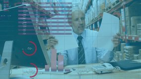 Animation of data processing over caucasian male worker in warehouse. Global business and digital interface concept digitally generated video. - Powered by Shutterstock - Get 15% off with code: PIKWIZARD15