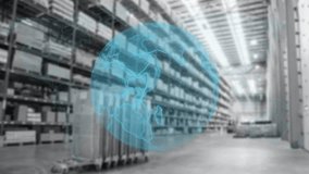 Animation of globe and data processing over boxes in warehouse. Global shipping, delivery and digital interface concept digitally generated video. - Powered by Shutterstock - Get 15% off with code: PIKWIZARD15