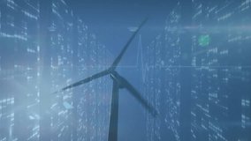 Animation of financial data processing over wind turbine. Global environment, sustainability, wind energy, computing, connections and data processing concept digitally generated video. - Powered by Shutterstock - Get 15% off with code: PIKWIZARD15
