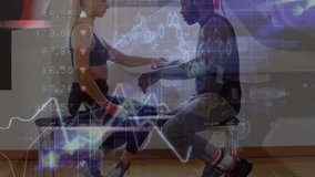 Animation of data processing over caucasian woman exercising with male coach. Global sports, exercise, computing and data processing concept digitally generated video. - Powered by Shutterstock - Get 15% off with code: PIKWIZARD15