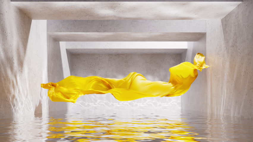 3D animation. Abstract aesthetic background. Yellow silk fabric floats above a pool with calm water inside a concrete room. Elegant cloth flutters in slow motion