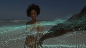 Man extending hand toward woman on sandy beach generating glowing tech mesh waves tracing romance. Romance, connection, technology, digitalart, seaside, couple, intimacy - Powered by Shutterstock - Get 15% off with code: PIKWIZARD15