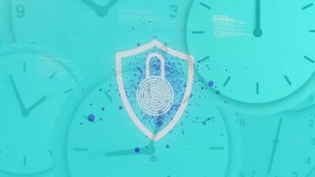 After fingerprint icon fading into shield outline, particles bursting outward forming digital mesh. Cyberspace, security, innovation, technology, connectivity, digital, futuristic - Powered by Shutterstock - Get 15% off with code: PIKWIZARD15