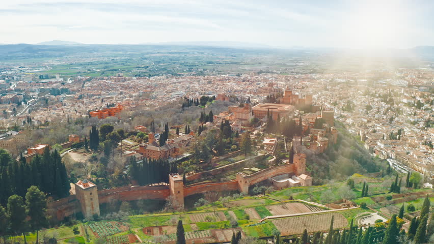 Granada Spain aerial view of Alhambra palace fortress of Islamic Nasrid architecture with Generalife gardens muslim religion UNESCO World Heritage cultural landmark Andalusian travel tour pilgrimage