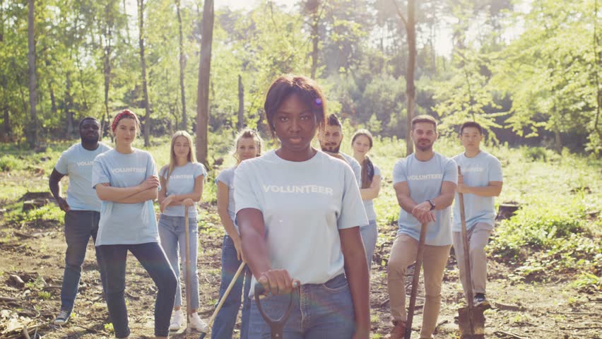 Pretty African American female volunteer standing front. Holding shovel handle firmly. Wearing team shirt. Group of happy people standing behind. Starting forest restoration work together.
