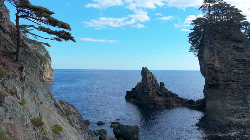 Tohoku Coastline, Iwate Prefecture Japan, Aerial Push Shot