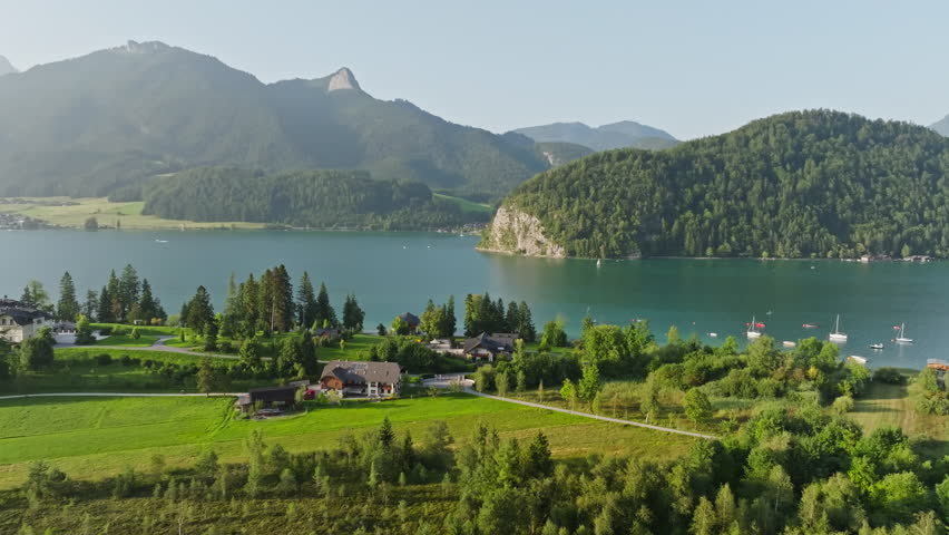Aerial view landscape Wolfgangsee Austria. Tourist landscapes of Europe, alpine slopes and lakes at the foot of the mountains.