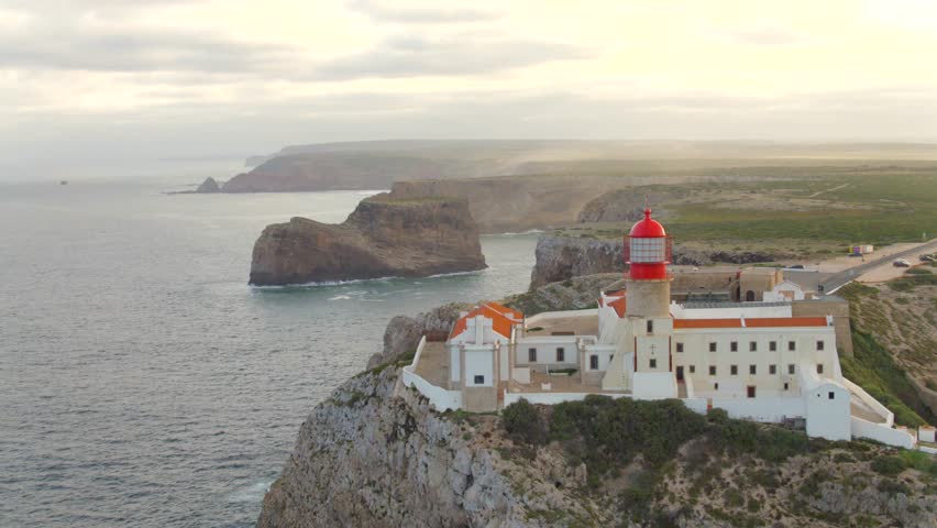 Cabo de Sao Vicente lighthouse on Sagres cliffs aerial view Portugal