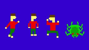 Animation in pixel art style with a character in various poses moving and a spider on a blue background, art, vintage, pixel. - Powered by Shutterstock - Get 15% off with code: PIKWIZARD15