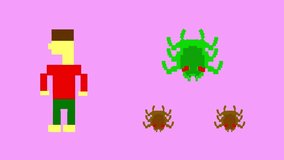 Animation in pixel art style with a moving character and spiders on a red background, art, vintage, pixel. - Powered by Shutterstock - Get 15% off with code: PIKWIZARD15
