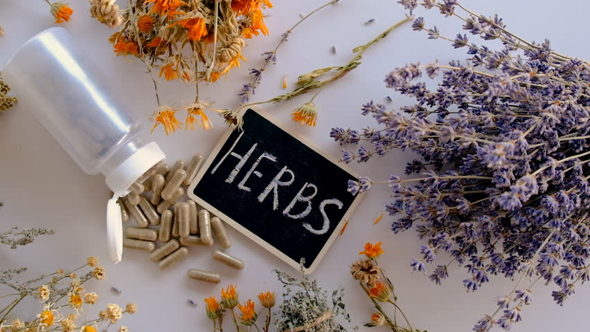 Dried medicinal herbs and flowers. Selective focus.