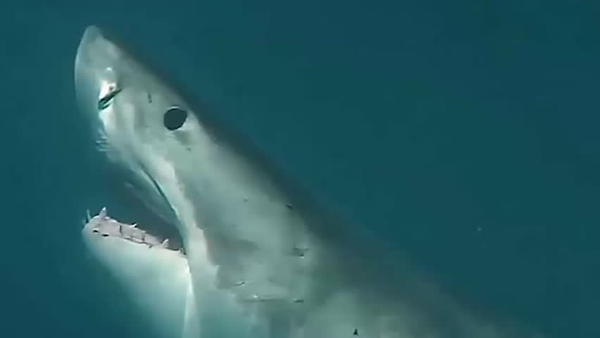 Great white shark swimming in ocean and attacking