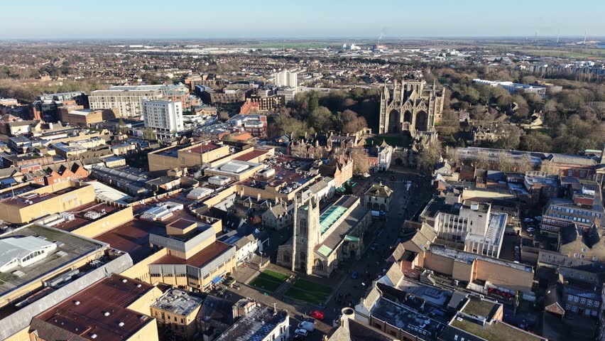 Peterborough UK city centre cathedral and retail shops drone,aerial