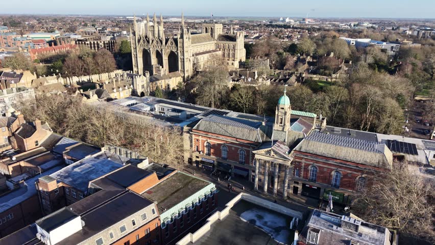 Peterborough Town Hall with cathedral in background drone,aerial