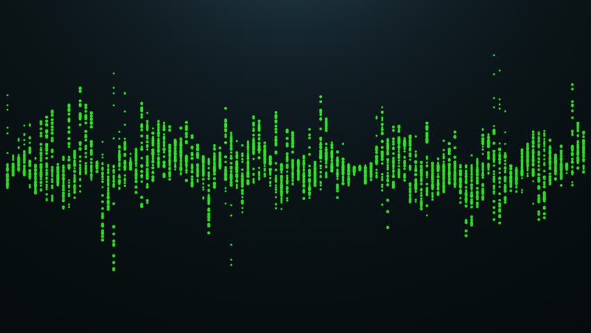 Animated green digital sound wave made of glowing dots on dark background. Futuristic audio equalizer visualization for music, tech, data and motion design.