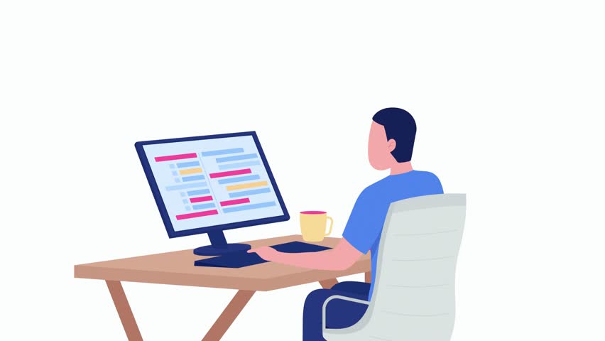 A 2D vector animation of a programmer working with symbols for C++, cloud, coding, and web files.