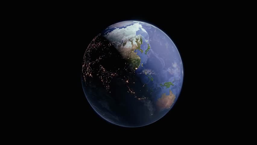 The Earth rotates slowly against a black void, showing sunlight hitting the surface and city lights glowing in the dark regions.