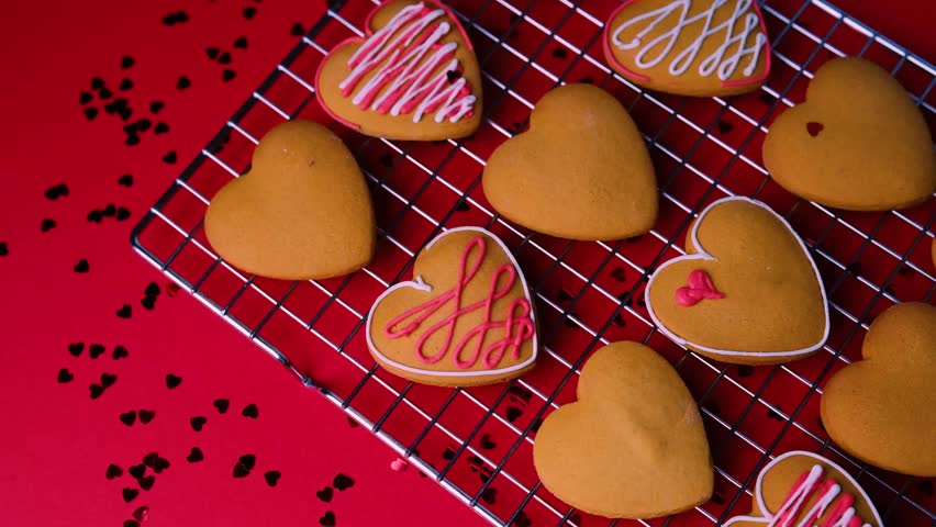 Delicious freshly baked heart shaped cookies decorated with sweet icing for Valentine
