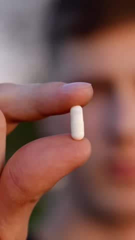 Macro close-up of fingers holding a white capsule while a blurred person shakes head no, refusing to take medication or supplement.
