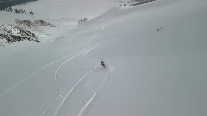 A skier carves smooth turns down a pristine slope in Gulmarg, India. The aerial view showcases the dynamic ski trails, fresh powder, and breathtaking winter landscape