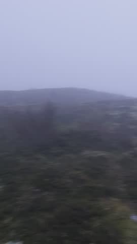 Trondheim, Norway – Handheld camera slowly pans across a foggy hillside with low shrubs, rocky ground, and a lone tree, as thick mist drifts over the moody landscape in cold light