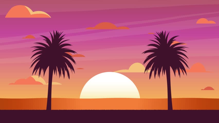 Stunning sunset over tropical ocean with two palm trees silhouetted, animated clouds in a vibrant sky