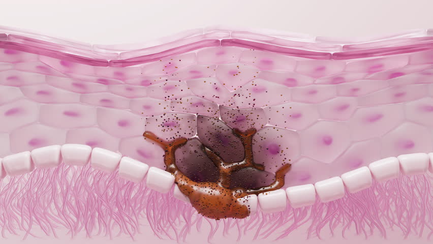 UV radiation penetrating skin layers to stimulate melanin production and melasma in cells. Science explainer for dermatology. 3D animation.