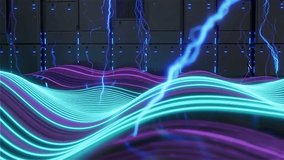 Vibrant neon waves undulate across a dark server room, creating a futuristic atmosphere. - Powered by Shutterstock - Get 15% off with code: PIKWIZARD15
