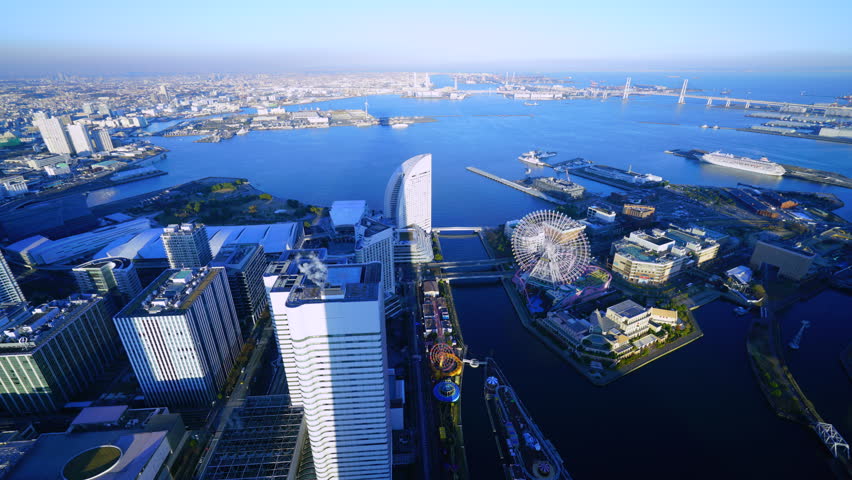 Sunset to Night over Yokohama Minato Mirai area Time-lapse from Yokohama Landmark Tower
