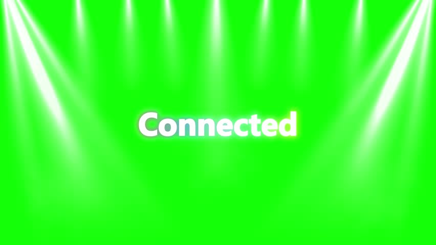 Glowing white text reading connected shines brightly under multiple converging white stage spotlights set against a vivid chroma key green screen perfect for video overlay and graphic design projects.