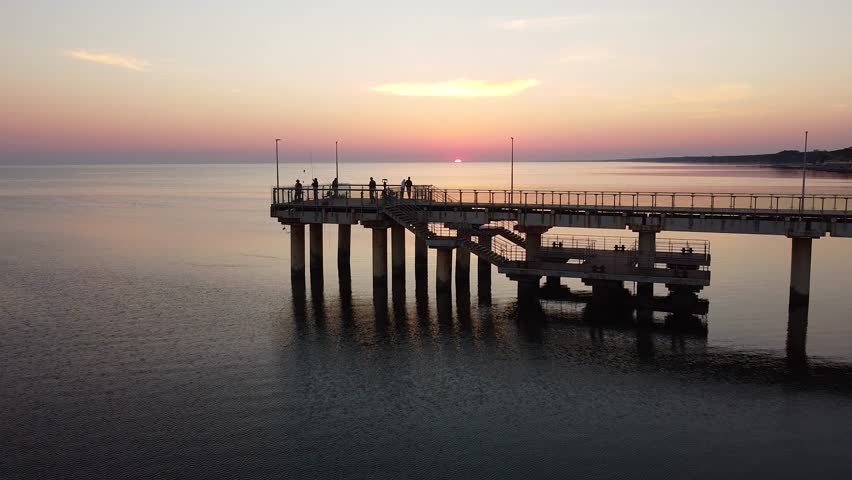 Evening Dock Silhouettes, People Fishing At Sunset Pier, Sunset Position With Individuals Observing And Casting Lines, Nightfall At Wooden Pier With Silhouettes Watching Sea And Relaxing