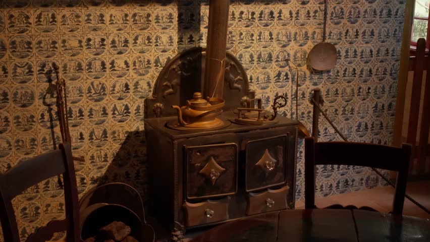 Antique Dutch kitchen interior with traditional blue white tiles and copper kettle on stove in Open Air Museum Arnhem Netherlands. Historical domestic scene.