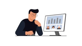 Business Video Conference Dashboard Loop with Speaking Participants. Looped flat character animation of a businessman working at a desk during an online video conference. Dashboard with charts and three participants on the screen highlights active speakers with subtle scale and audio indicator animation. Concept of remote work, virtual meeting, business analytics, teamwork and digital communication. Clean white background, modern corporate style. - Powered by Shutterstock - Get 15% off with code: PIKWIZARD15