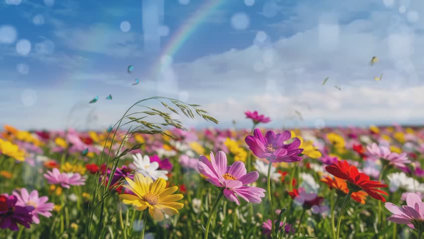 beautiful flower field with butterflies for background