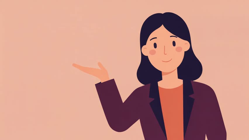 An illustration of a professional woman with dark hair, wearing a blazer and an orange top, presenting with an open hand gesture. The background is a solid, neutral color, providing ample copy space.