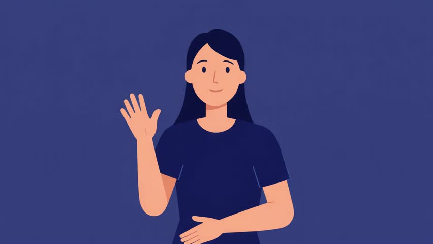 A woman in a dark blue shirt stands against a solid blue background, raising her hand in a stop gesture, conveying a clear message of disagreement, refusal, or a request to halt.