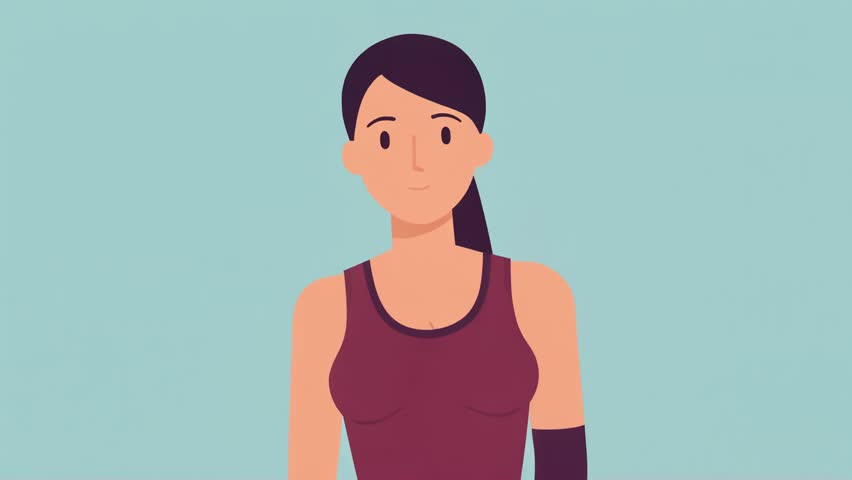 A woman with a prosthetic arm is depicted in a flat vector animation, showcasing a range of emotions and gestures.