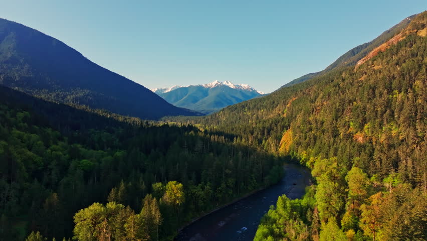 Aerial drone view of Olympic National Park in Washington, showcasing rugged mountain landscapes, forested slopes, and scenic alpine terrain. Ideal for nature and travel footage