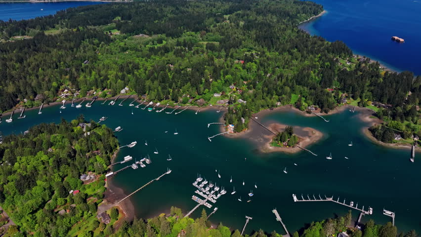 Aerial drone view of Olympic National Park, Seattle, Washington, showcasing a pristine mountain lake surrounded by forest and alpine peaks. Serene, natural landscape.