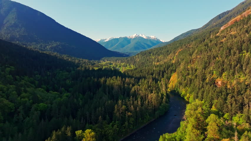 Aerial drone view of Olympic National Park in Washington, showcasing rugged mountain landscapes, forested slopes, and scenic alpine terrain. Ideal for nature and travel footage