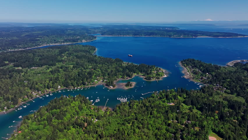 Aerial drone view of a lake in Olympic National Park near Seattle, Washington, with boats on calm water surrounded by forest and mountains. Ideal for travel and nature footage.