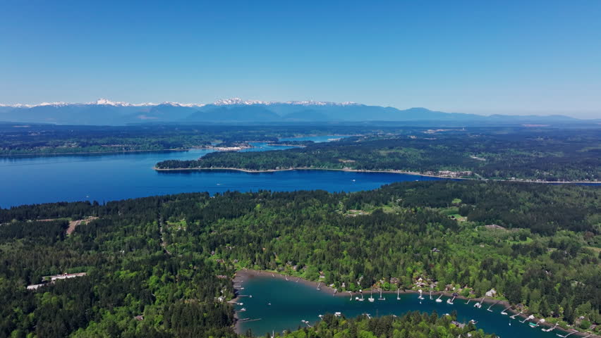 Aerial drone view of Olympic National Park, Seattle, Washington, showcasing a pristine mountain lake surrounded by forest and alpine peaks. Serene, natural landscape.