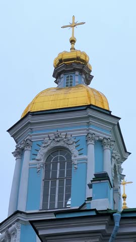 RUSSIA - September 20, 2025: Nicholas Epiphany Naval Cathedral is an Orthodox church in the Admiralteisky district of Saint Petersburg. Historical and ornate architecture. Golden domes. 4К