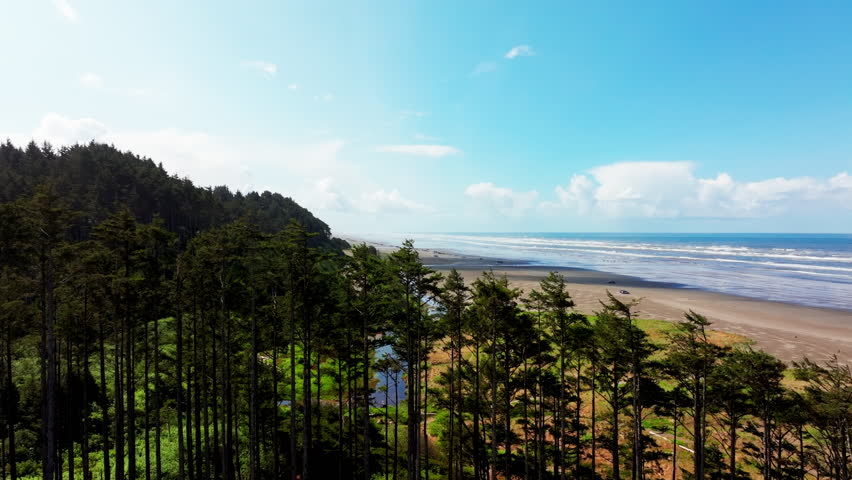 Aerial drone view of Seabrook, Washington, showing beach, Pacific Ocean waves, and coastal shoreline. Dynamic seaside scenery ideal for travel, nature, and ocean footage.