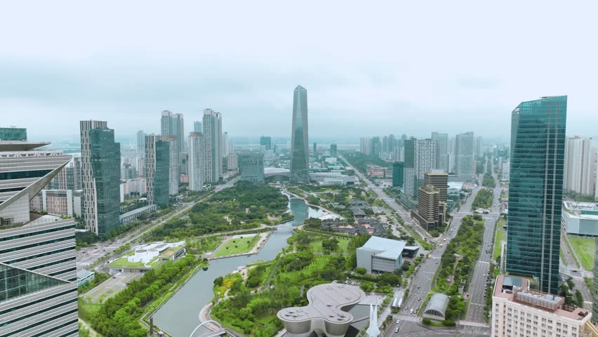 Aerial View near Songdo Central Park in Incheon, South Korea