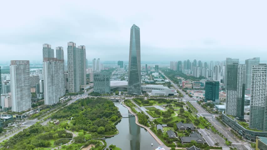 Aerial View near Songdo Central Park in Incheon, South Korea