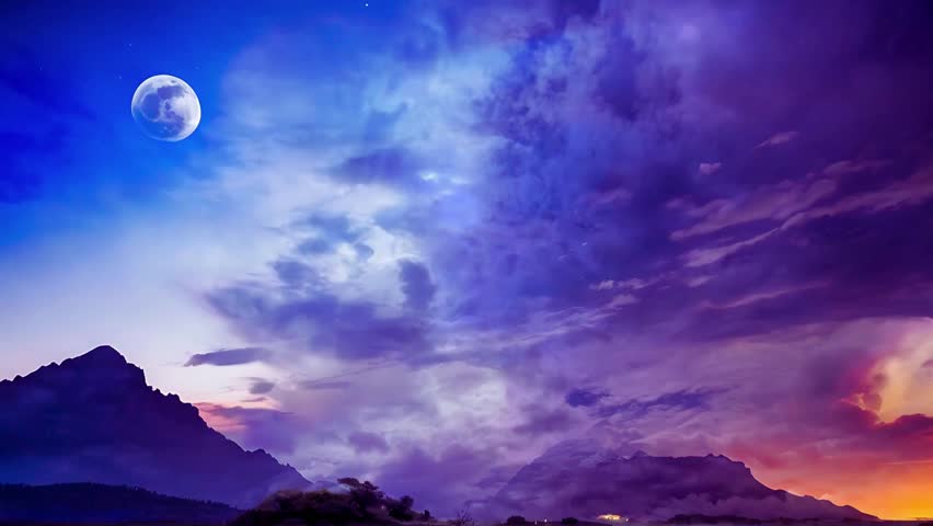 Surreal Night Landscape with Full Moon and Purple Dramatic Clouds over Mountains